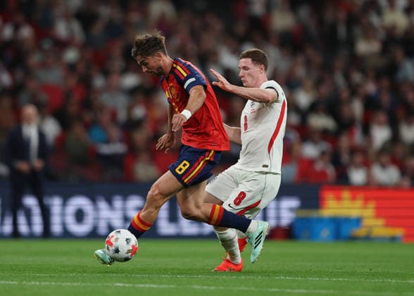 RECORD DATE NOT STATED 26th September 2026; Wembley Stadium, London, England; UEFA Nations League Football, England versus Spain; Elliot Anderson of England challenges Fabian Ruiz of Spain JohnxPatrickxFletcher