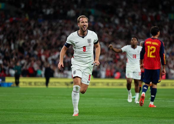 RECORD DATE NOT STATED 26th September 2026; Wembley Stadium, London, England; UEFA Nations League Football, England versus Spain; Harry Kane of England celebrates after scoring his sides 2nd goal in the 40th minute to make it 2-1 JohnxPatrickxFletcher