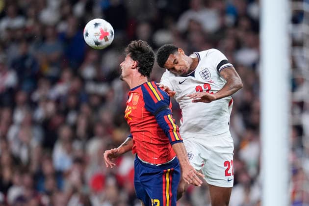 September 26, 2026, London, London, England: Marc Pubill of Spain and Jarell Quansah of England compete for the ball during the UEFA Nations League 2026 27 League Phase MD1 Group A3 match between England and Spain at Wembley Stadium on September 26, 2026, in London, England. England V Spain - UEFA Nations League 2026 27 League Phase MD1 Group A3  - ZUMAa181 20260926_zaa_a181_125 Copyright: xDennisxAgyemanx