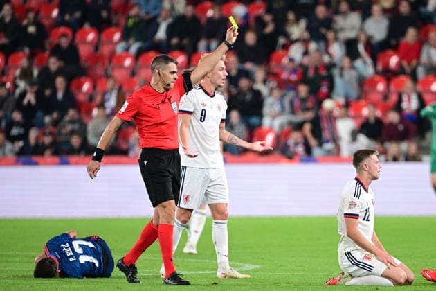 Lukas Cerv (CZE), right, receives the yellow card after a foul during the UEFA Nations League, A3 group 1st round match: Czechia vs Croatia, in Prague, Czech Republic, on September 26, 2026. On the left Petar Sucic (CRO) and in the middle Adam Karabec (CZE). (CTKxPhoto MichalxKamaryt) CTKPhotoP2026092606292  CTKPhotoP2026092606292