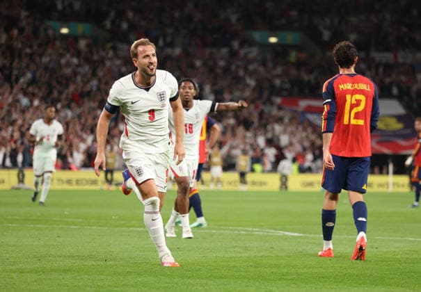 England s Harry Kane celebrates scoring the second England goal (2-1) at the England v Spain UEFA Nations League Group 3 match, at Wembley Stadium, London, UK, on 26th September, 2026.  .