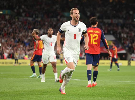 England s Harry Kane celebrates scoring the second England goal (2-1) at the England v Spain UEFA Nations League Group 3 match, at Wembley Stadium, London, UK, on 26th September, 2026.  .