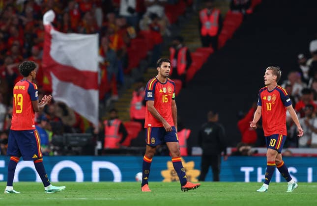 London, England, 26th September 2026. Rodri of Spain reacts after Anthony Gordon of England scores to make it 1-1 during the England vs Spain UEFA Nations League match at Wembley Stadium, London. Picture credit should read: Paul Terry Sportimage EDITORIAL USE ONLY. No use with unauthorised audio, video, data, fixture lists, club league logos or live services. Online in-match use limited to 120 images, no video emulation. No use in betting, games or single club league player publications. SPI_042_PT_England_Spain SPI-5020-0041