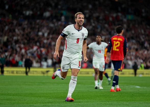 RECORD DATE NOT STATED 26th September 2026; Wembley Stadium, London, England; UEFA Nations League Football, England versus Spain; Harry Kane of England celebrates after scoring his sides 2nd goal in the 40th minute to make it 2-1 JohnxPatrickxFletcher
