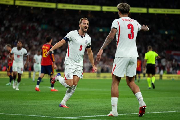 RECORD DATE NOT STATED 26th September 2026; Wembley Stadium, London, England; UEFA Nations League Football, England versus Spain; Harry Kane of England celebrates with Nico O Reilly of England after scoring his sides 2nd goal in the 40th minute to make it 2-1 JohnxPatrickxFletcher