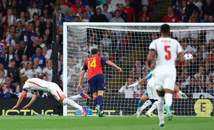 London, England, 26th September 2026. Harry Kane of England scores to make it 2-1 during the England vs Spain UEFA Nations League match at Wembley Stadium, London. Picture credit should read: Paul Terry Sportimage EDITORIAL USE ONLY. No use with unauthorised audio, video, data, fixture lists, club league logos or live services. Online in-match use limited to 120 images, no video emulation. No use in betting, games or single club league player publications. SPI_043_PT_England_Spain SPI-5020-0042