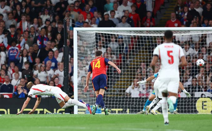 London, England, 26th September 2026. Harry Kane of England scores to make it 2-1 during the England vs Spain UEFA Nations League match at Wembley Stadium, London. Picture credit should read: Paul Terry Sportimage EDITORIAL USE ONLY. No use with unauthorised audio, video, data, fixture lists, club league logos or live services. Online in-match use limited to 120 images, no video emulation. No use in betting, games or single club league player publications. SPI_044_PT_England_Spain SPI-5020-0043