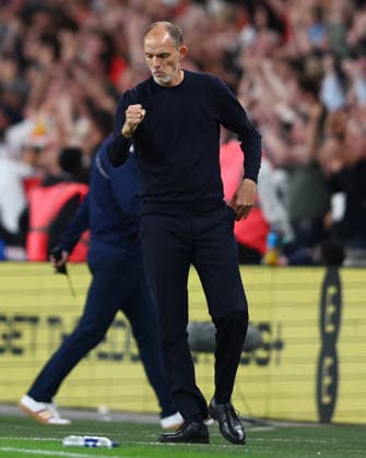 London, England, 26th September 2026. Thomas Tuchel, head coach of England reacts after Harry Kane of England scores to make it 2-1 during the England vs Spain UEFA Nations League match at Wembley Stadium, London. Picture credit should read: Paul Terry Sportimage EDITORIAL USE ONLY. No use with unauthorised audio, video, data, fixture lists, club league logos or live services. Online in-match use limited to 120 images, no video emulation. No use in betting, games or single club league player publications. SPI_045_PT_England_Spain SPI-5020-0044