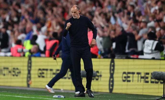 London, England, 26th September 2026. Thomas Tuchel, head coach of England reacts after Harry Kane of England scores to make it 2-1 during the England vs Spain UEFA Nations League match at Wembley Stadium, London. Picture credit should read: Paul Terry Sportimage EDITORIAL USE ONLY. No use with unauthorised audio, video, data, fixture lists, club league logos or live services. Online in-match use limited to 120 images, no video emulation. No use in betting, games or single club league player publications. SPI_046_PT_England_Spain SPI-5020-0045