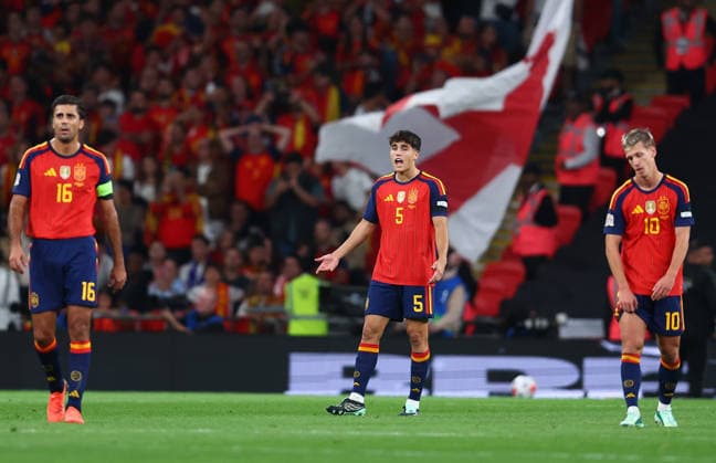 London, England, 26th September 2026. Pau Cubarsi of Spain reacts after Harry Kane of England scores to make it 2-1 during the England vs Spain UEFA Nations League match at Wembley Stadium, London. Picture credit should read: Paul Terry Sportimage EDITORIAL USE ONLY. No use with unauthorised audio, video, data, fixture lists, club league logos or live services. Online in-match use limited to 120 images, no video emulation. No use in betting, games or single club league player publications. SPI_047_PT_England_Spain SPI-5020-0046