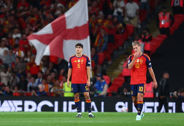 London, England, 26th September 2026. Pau Cubarsi of Spain reacts after Harry Kane of England scores to make it 2-1 during the England vs Spain UEFA Nations League match at Wembley Stadium, London. Picture credit should read: Paul Terry Sportimage EDITORIAL USE ONLY. No use with unauthorised audio, video, data, fixture lists, club league logos or live services. Online in-match use limited to 120 images, no video emulation. No use in betting, games or single club league player publications. SPI_048_PT_England_Spain SPI-5020-0047