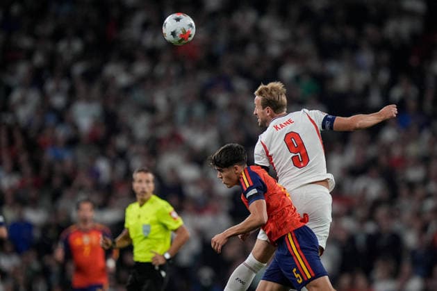UEFA Nations League: England v Spain Harry Kane of England jumps up to win the high ball from Pau Cubarsi of Spain during the UEFA Nations League match England vs Spain at Wembley Stadium, London, United Kingdom on 26 September 2026 (Photo by Maynard Manyowa News Images) London Wembley Stadium Greater London United Kingdom Copyright: xMaynardxManyowa NewsxImagesx