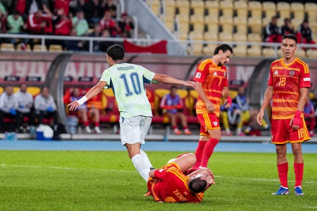 Soccer: UEFA Nations League 2026–2027, September 26, 2026, North Macedonia vs. Switzerland, Todor Proeski National Arena. Zeki Amdouni (10), Switzerland, celebrates after scoring the 2–0 goal for Switzerland, Gjoko Zajkov 5, North Macedonia lies injured on the ground; disappointment on the faces of Eljif Elmas 7, North Macedonia, and Tihomir Kostadinov 18, North Macedonia; goal celebration; goal Copyright: xValentinxDomgjonix