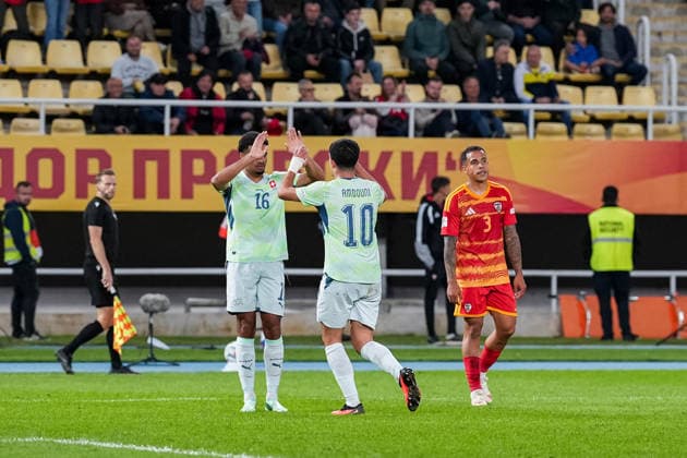 Soccer: UEFA Nations League 2026–2027, September 26, 2026 North Macedonia vs. Switzerland, National Arena Todor Proeski. The assist provider and goal scorer celebrate the 2–0 lead: Zachary Athekame (16), Switzerland, and Zeki Amdouni (10), Switzerland. Goal, goal celebration, Sebastijan Herera 3, North Macedonia Copyright: xValentinxDomgjonix