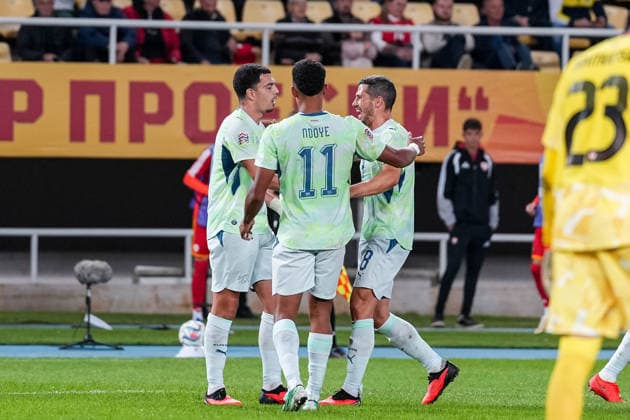 Soccer: UEFA Nations League 2026–2027, September 26, 2026, North Macedonia vs. Switzerland, National Arena Todor Proeski, Zeki Amdouni (10), Switzerland, celebrates after scoring the 2–0 goal for Switzerland; Dan Ndoye (11), Switzerland; Remo Freuler (8), Switzerland Copyright: xValentinxDomgjonix