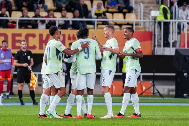 Soccer: UEFA Nations League 2026–2027, September 26, 2026, North Macedonia vs. Switzerland, National Arena Todor Proeski. The Swiss celebrate after Zeki Amdouni scores the 2–0 goal, 10th minute, Switzerland, goal, goal celebration Copyright: xValentinxDomgjonix