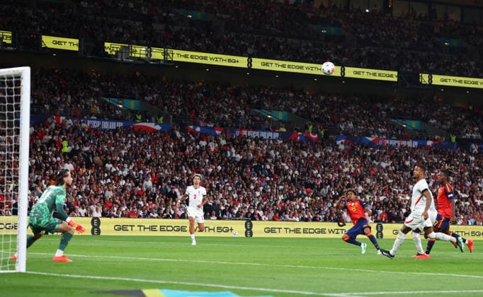 London, England, 26th September 2026. Lamine Yamal of Spain shoots at goal but fails to score during the England vs Spain UEFA Nations League match at Wembley Stadium, London. Picture credit should read: Paul Terry Sportimage EDITORIAL USE ONLY. No use with unauthorised audio, video, data, fixture lists, club league logos or live services. Online in-match use limited to 120 images, no video emulation. No use in betting, games or single club league player publications. SPI_050_PT_England_Spain SPI-5020-0049
