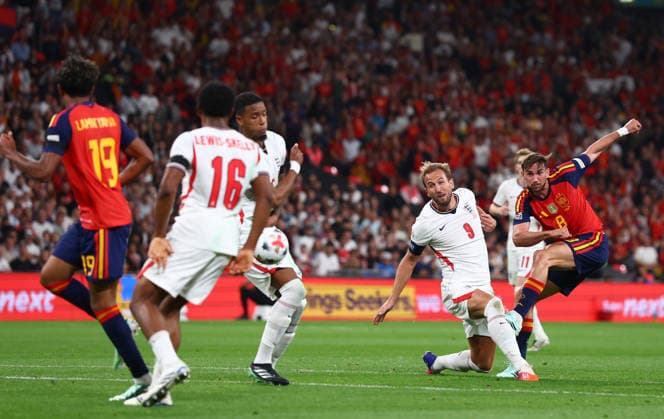 London, England, 26th September 2026. Fabian Ruiz of Spain has his shot blocked during the England vs Spain UEFA Nations League match at Wembley Stadium, London. Picture credit should read: Paul Terry Sportimage EDITORIAL USE ONLY. No use with unauthorised audio, video, data, fixture lists, club league logos or live services. Online in-match use limited to 120 images, no video emulation. No use in betting, games or single club league player publications. SPI_052_PT_England_Spain SPI-5020-0051