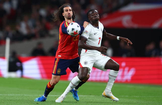 London, England, 26th September 2026. Marc Cucurella of Spain and Bukayo Saka of England challenge for the ball during the England vs Spain UEFA Nations League match at Wembley Stadium, London. Picture credit should read: Paul Terry Sportimage EDITORIAL USE ONLY. No use with unauthorised audio, video, data, fixture lists, club league logos or live services. Online in-match use limited to 120 images, no video emulation. No use in betting, games or single club league player publications. SPI_054_PT_England_Spain SPI-5020-0053