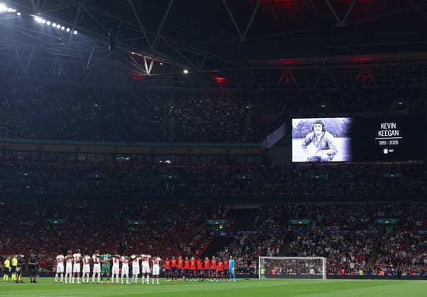 London, England, 26th September 2026. Tributes to Kevin Keegan during the England vs Spain UEFA Nations League match at Wembley Stadium, London. Picture credit should read: Paul Terry Sportimage EDITORIAL USE ONLY. No use with unauthorised audio, video, data, fixture lists, club league logos or live services. Online in-match use limited to 120 images, no video emulation. No use in betting, games or single club league player publications. SPI_058_PT_England_Spain SPI-5020-0057