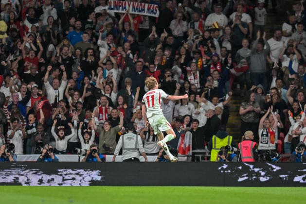 Anthony Gordon of England celebrates scoring England™s second goal during the Nations League match between England and Spain at Wembley Stadium, London, England on 26 September 2026. Copyright: xPhilxHutchinsonx 45460018