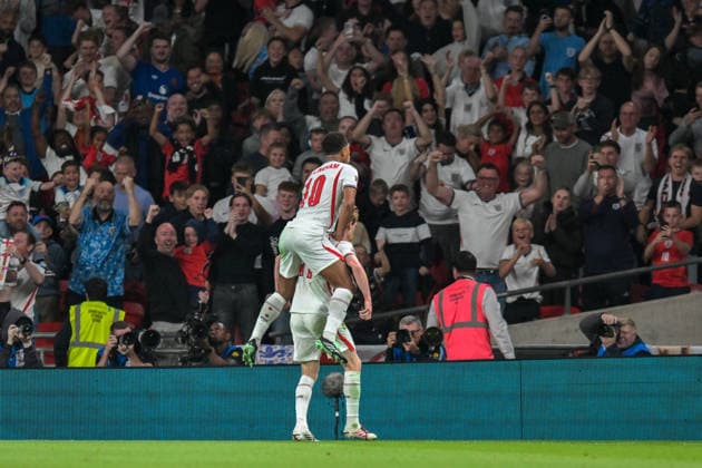 Anthony Gordon and Jude Bellingham of England celebrates scoring England™s second goal during the Nations League match between England and Spain at Wembley Stadium, London, England on 26 September 2026. Copyright: xPhilxHutchinsonx 45460019