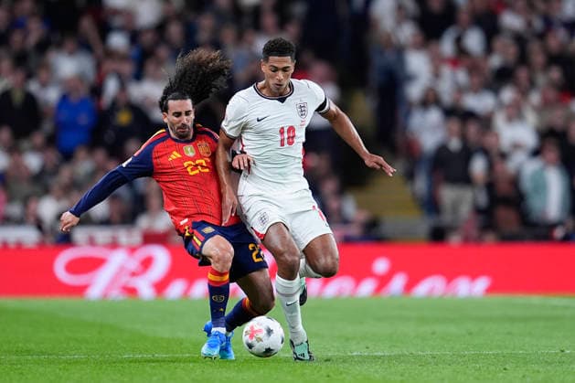 September 26, 2026, London, London, England: Marc Cucurella of Spain and Jude Bellingham of England compete for the ball during the UEFA Nations League 2026 27 League Phase MD1 Group A3 match between England and Spain at Wembley Stadium on September 26, 2026, in London, England. London England - ZUMAa181 20260926_zaa_a181_140 Copyright: xDennisxAgyemanx