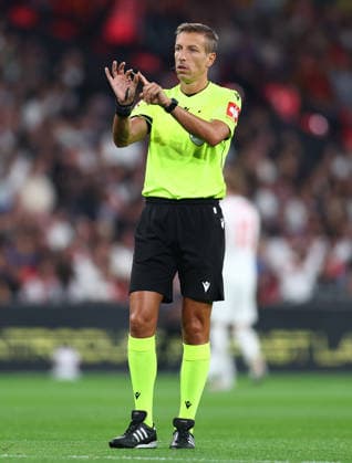 London, England, 26th September 2026. Referee Davide Massa during the England vs Spain UEFA Nations League match at Wembley Stadium, London. Picture credit should read: Paul Terry Sportimage EDITORIAL USE ONLY. No use with unauthorised audio, video, data, fixture lists, club league logos or live services. Online in-match use limited to 120 images, no video emulation. No use in betting, games or single club league player publications. SPI_062_PT_England_Spain SPI-5020-0061