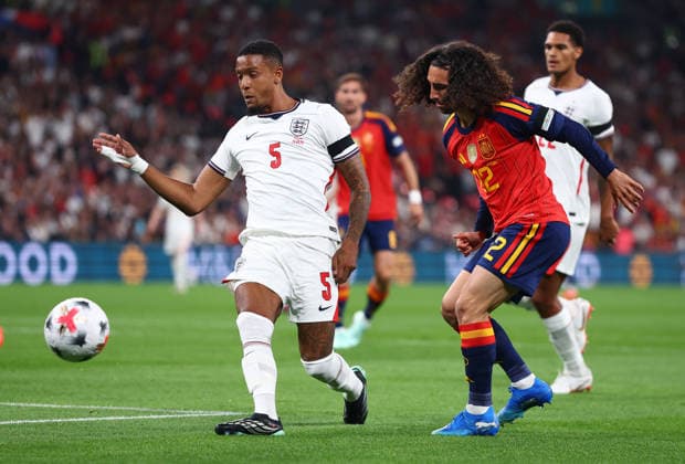 London, England, 26th September 2026. Marc Cucurella of Spain has a shot under pressure from Ezri Konsa of England during the England vs Spain UEFA Nations League match at Wembley Stadium, London. Picture credit should read: Paul Terry Sportimage EDITORIAL USE ONLY. No use with unauthorised audio, video, data, fixture lists, club league logos or live services. Online in-match use limited to 120 images, no video emulation. No use in betting, games or single club league player publications. SPI_065_PT_England_Spain SPI-5020-0064