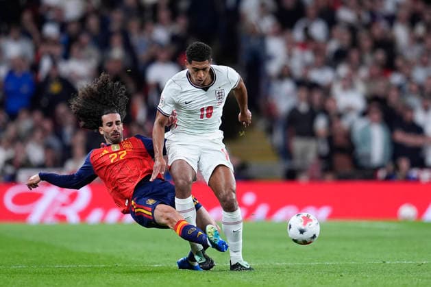 September 26, 2026, London, London, England: Marc Cucurella of Spain and Jude Bellingham of England compete for the ball during the UEFA Nations League 2026 27 League Phase MD1 Group A3 match between England and Spain at Wembley Stadium on September 26, 2026, in London, England. London England - ZUMAa181 20260926_zaa_a181_145 Copyright: xDennisxAgyemanx