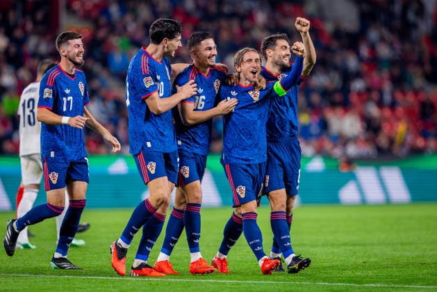 CZECHIA - CROATIA Luka Modric of Croatia and AC Milan celebrates a goal with Igor Matanovic of Croatia and SC Freiburg, Petar Sucic of Croatia and Inter Milan, Franjo Ivanovic of Croatia and RC Lens during UEFA Nations League - League A - Group A3 - Matchday 1 - football match between Czechia and Croatia. Fortuna Arena, Eden, Stadion, Prague, Czechia September 26, 2026. Photo by Branislav Racko Copyright: xx 080A9637