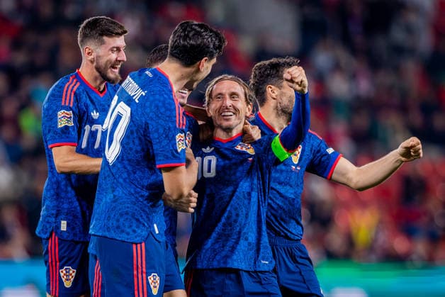 CZECHIA - CROATIA Luka Modric of Croatia and AC Milan celebrates a goal with Igor Matanovic of Croatia and SC Freiburg, Petar Sucic of Croatia and Inter Milan, Franjo Ivanovic of Croatia and RC Lens during UEFA Nations League - League A - Group A3 - Matchday 1 - football match between Czechia and Croatia. Fortuna Arena, Eden, Stadion, Prague, Czechia September 26, 2026. Photo by Branislav Racko Copyright: xx 080A9644