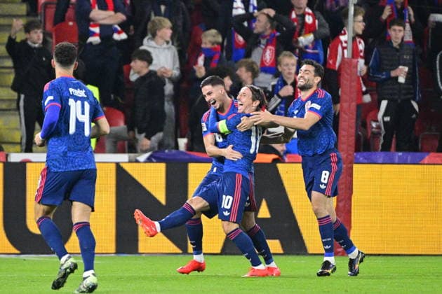 Luka Modric (CRO), 2nd from right, celebrates first goal during the UEFA Nations League, A3 group 1st round match: Czechia vs Croatia, in Prague, Czech Republic, on September 26, 2026. (CTKxPhoto VitxSimanek) CTKPhotoP2026092606570  CTKPhotoP2026092606570
