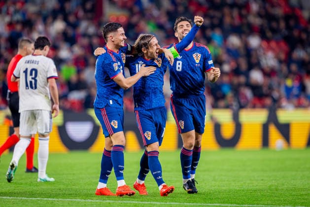 CZECHIA - CROATIA Luka Modric of Croatia and AC Milan celebrates a goal with Mateo Kovacic of Croatia and Manchester City and Franjo Ivanovic of Croatia and RC Lensduring UEFA Nations League - League A - Group A3 - Matchday 1 - football match between Czechia and Croatia. Fortuna Arena, Eden, Stadion, Prague, Czechia September 26, 2026. Photo by Branislav Racko Copyright: xx 080A9617