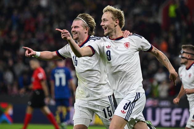 Adam Karabec (CZE), right, celebrates his goal (1:1) during the UEFA Nations League, A3 group 1st round match: Czechia vs Croatia, in Prague, Czech Republic, on September 26, 2026. On the left is seen Pavel Sulc (CZE). (CTKxPhoto VitxSimanek) CTKPhotoP2026092606608  CTKPhotoP2026092606608