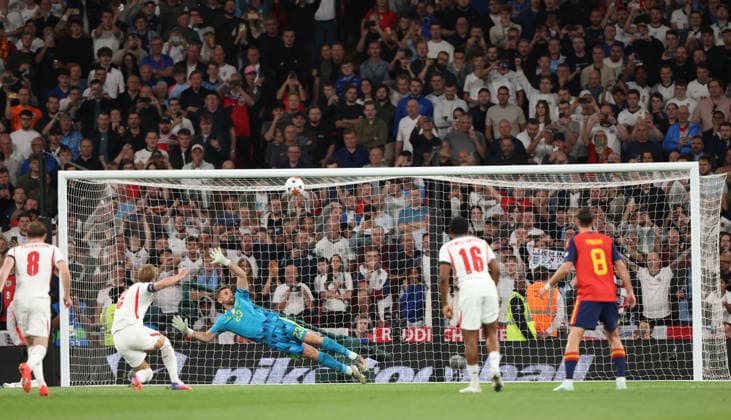 England s Harry Kane misses with his penalty kick at the England v Spain UEFA Nations League Group 3 match, at Wembley Stadium, London, UK, on 26th September, 2026.  .