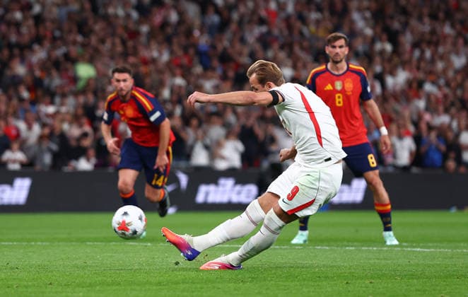 London, England, 26th September 2026. Harry Kane of England takes a penalty but fails to score during the England vs Spain UEFA Nations League match at Wembley Stadium, London. Picture credit should read: Paul Terry Sportimage EDITORIAL USE ONLY. No use with unauthorised audio, video, data, fixture lists, club league logos or live services. Online in-match use limited to 120 images, no video emulation. No use in betting, games or single club league player publications. SPI_069_PT_England_Spain SPI-5020-0068