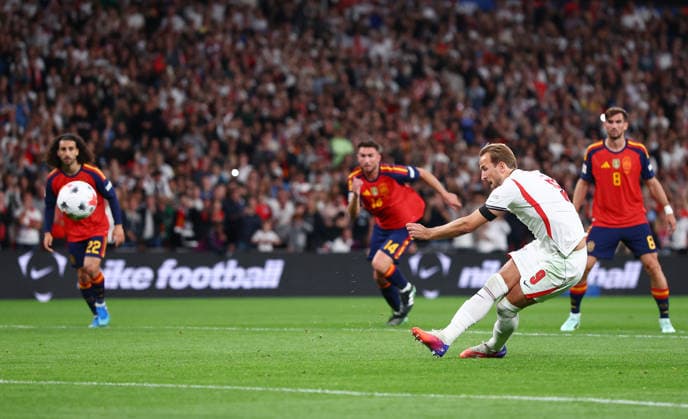 London, England, 26th September 2026. Harry Kane of England takes a penalty but fails to score during the England vs Spain UEFA Nations League match at Wembley Stadium, London. Picture credit should read: Paul Terry Sportimage EDITORIAL USE ONLY. No use with unauthorised audio, video, data, fixture lists, club league logos or live services. Online in-match use limited to 120 images, no video emulation. No use in betting, games or single club league player publications. SPI_071_PT_England_Spain SPI-5020-0070