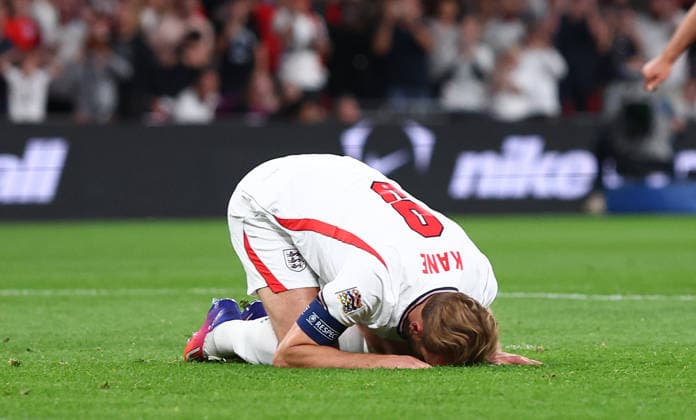 London, England, 26th September 2026. Harry Kane of England reacts after he takes a penalty but fails to score during the England vs Spain UEFA Nations League match at Wembley Stadium, London. Picture credit should read: Paul Terry Sportimage EDITORIAL USE ONLY. No use with unauthorised audio, video, data, fixture lists, club league logos or live services. Online in-match use limited to 120 images, no video emulation. No use in betting, games or single club league player publications. SPI_074_PT_England_Spain SPI-5020-0073