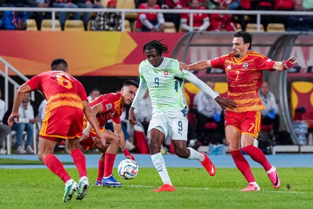Soccer: UEFA Nations League 2026–2027, September 26, 2026, North Macedonia vs. Switzerland, National Arena Todor Proeski, Visar Musliu 6, North Macedonia, Johan Manzambi 9, Switzerland in control, Eljif Elmas 7, North Macedonia Copyright: xValentinxDomgjonix