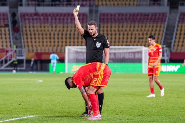 Soccer: UEFA Nations League 2026–2027, September 26, 2026, North Macedonia vs. Switzerland, Todor Proeski National Arena, Yellow card shown by Daniel Schlager (GER) to Bojan Ilievski, 2, North Macedonia Copyright: xValentinxDomgjonix