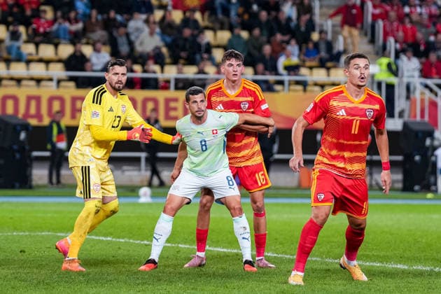 Soccer: UEFA Nations League 2026–2027, September 26, 2026, North Macedonia vs. Switzerland, National Arena Todor Proeski, Stole Dimitrievski 23, North Macedonia; Remo Freuler 8, Switzerland; Matej Gashtarov 16, North Macedonia, and Elmin Rastoder 11, North Macedonia, in the penalty area Copyright: xValentinxDomgjonix