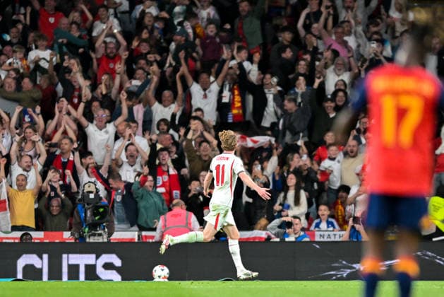 Anthony Gordon of England celebrates scoring England™s second goal during the Nations League match between England and Spain at Wembley Stadium, London, England on 26 September 2026. Copyright: xPhilxHutchinsonx 45460021