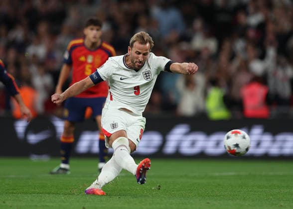 RECORD DATE NOT STATED 26th September 2026; Wembley Stadium, London, England; UEFA Nations League Football, England versus Spain; Harry Kane of England penalty hits the bar JohnxPatrickxFletcher