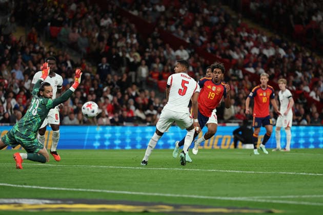 RECORD DATE NOT STATED 26th September 2026; Wembley Stadium, London, England; UEFA Nations League Football, England versus Spain; Lamine Yamal of Spain taking a shot JohnxPatrickxFletcher