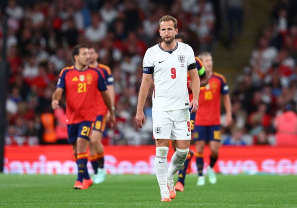 London, England, 26th September 2026. Harry Kane of England reacts after Alex Baena of Spain scores to make it 2-2 during the England vs Spain UEFA Nations League match at Wembley Stadium, London. Picture credit should read: Paul Terry Sportimage EDITORIAL USE ONLY. No use with unauthorised audio, video, data, fixture lists, club league logos or live services. Online in-match use limited to 120 images, no video emulation. No use in betting, games or single club league player publications. SPI_078_PT_England_Spain SPI-5020-0077