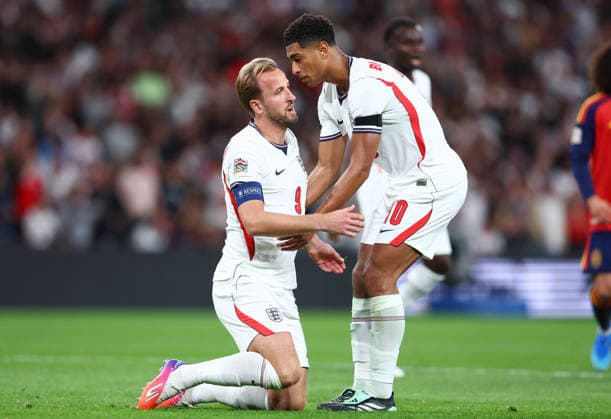 London, England, 26th September 2026. Harry Kane of England is helped up by Jude Bellingham of England after missing a penalty during the England vs Spain UEFA Nations League match at Wembley Stadium, London. Picture credit should read: Paul Terry Sportimage EDITORIAL USE ONLY. No use with unauthorised audio, video, data, fixture lists, club league logos or live services. Online in-match use limited to 120 images, no video emulation. No use in betting, games or single club league player publications. SPI_079_PT_England_Spain SPI-5020-0078