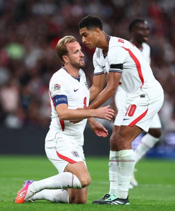 London, England, 26th September 2026. Harry Kane of England is helped up by Jude Bellingham of England after missing a penalty during the England vs Spain UEFA Nations League match at Wembley Stadium, London. Picture credit should read: Paul Terry Sportimage EDITORIAL USE ONLY. No use with unauthorised audio, video, data, fixture lists, club league logos or live services. Online in-match use limited to 120 images, no video emulation. No use in betting, games or single club league player publications. SPI_080_PT_England_Spain SPI-5020-0079