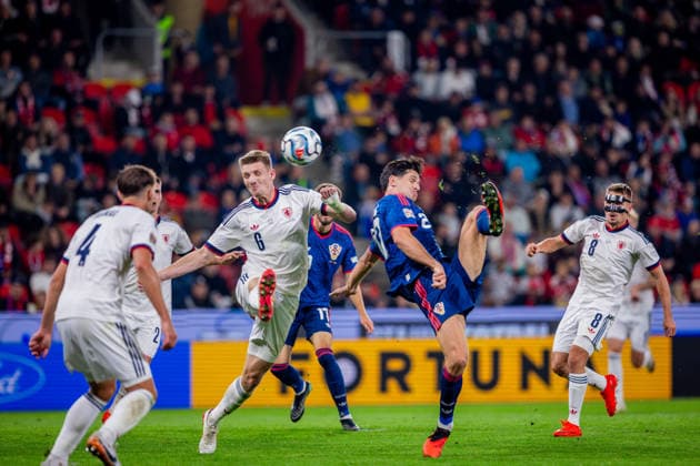 CZECHIA - CROATIA Stepan Chaloupek of Czechia and SK Slavia Praha and Igor Matanovic of Croatia and SC Freiburg during UEFA Nations League - League A - Group A3 - Matchday 1 - football match between Czechia and Croatia. Fortuna Arena, Eden, Stadion, Prague, Czechia September 26, 2026. Photo by Branislav Racko Copyright: xx 080A9814