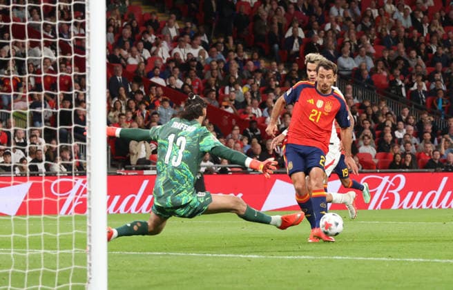 Spain™s Mikel Oyarzabal scores the third Spain goal (2-3) at the England v Spain UEFA Nations League Group 3 match, at Wembley Stadium, London, UK, on 26th September, 2026.  .
